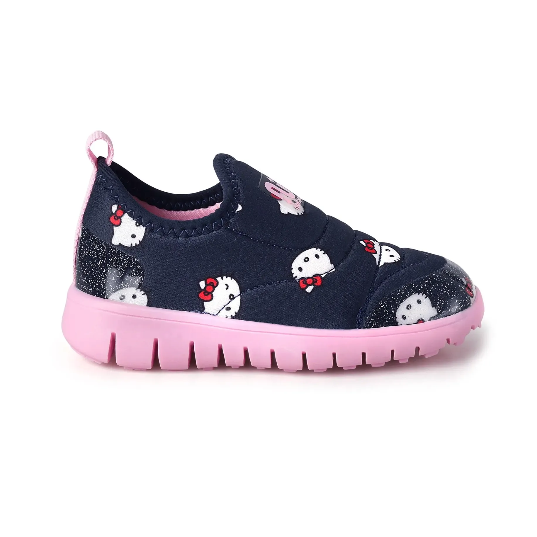 Tênis infantil Novopé Hello Kitty slip on na cor marinho com detalhes em glitter e solado rosa, vista lateral